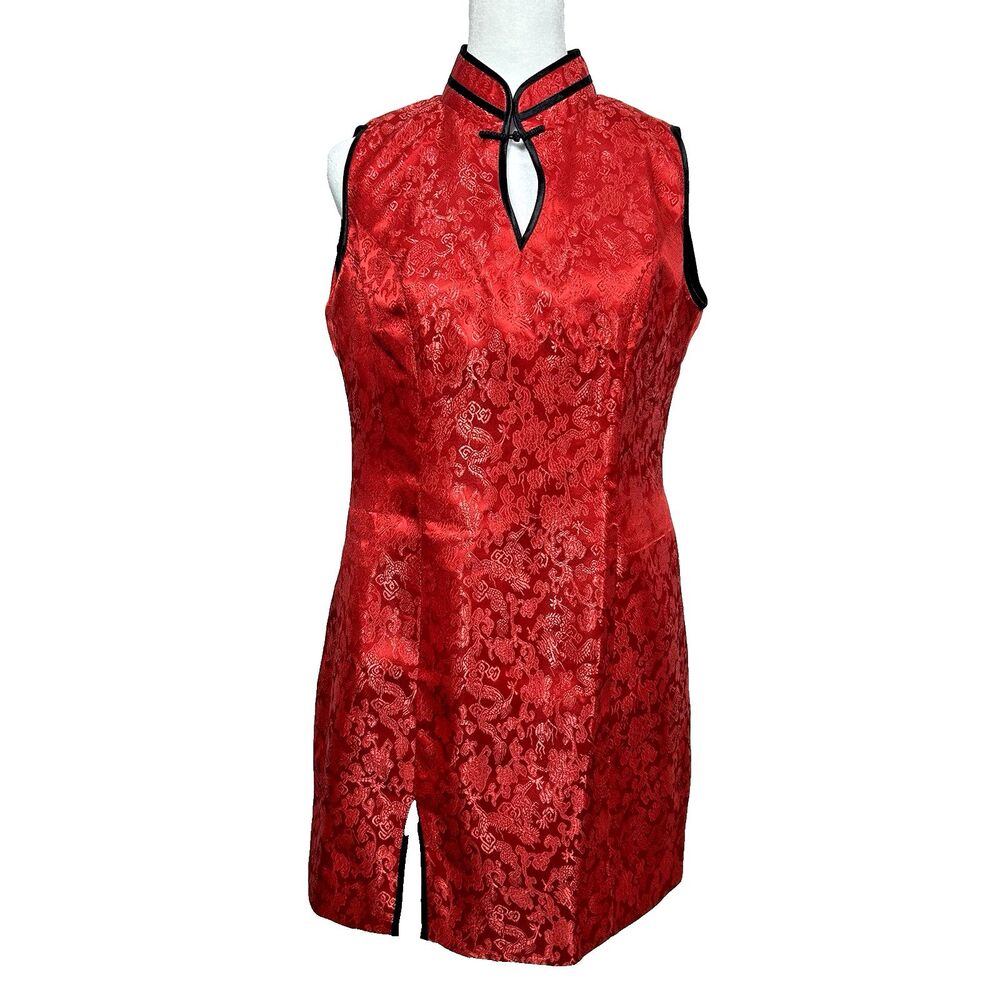 Cheongsam Style Red Dress Black Trim Keyhole Sleeveless Dragon Brocade Asian